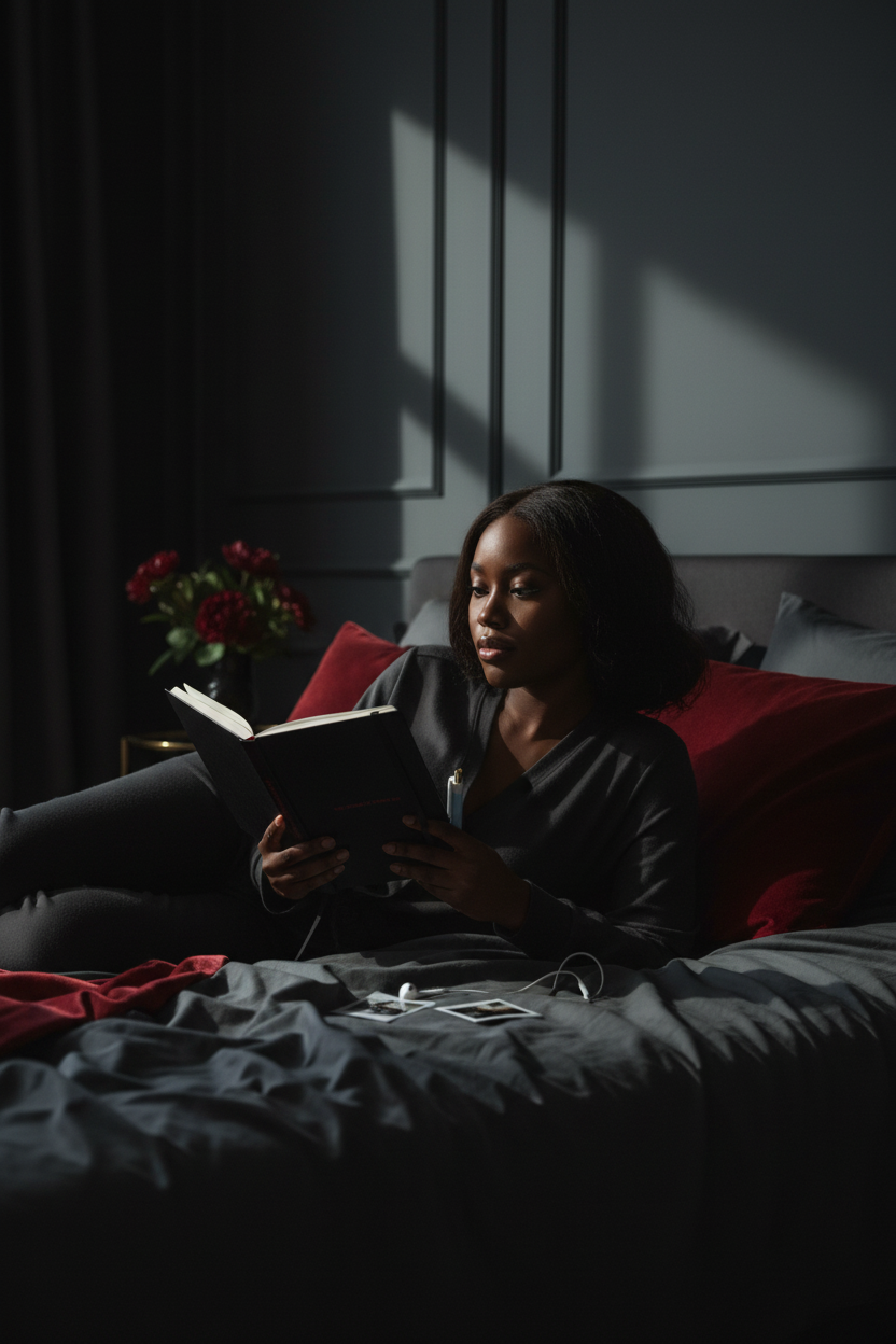 "Dark-skinned Black woman relaxing on a dark bed with Dosdru The Things We Never Say matte black journal, intimate moody lifestyle photography with crimson accents"