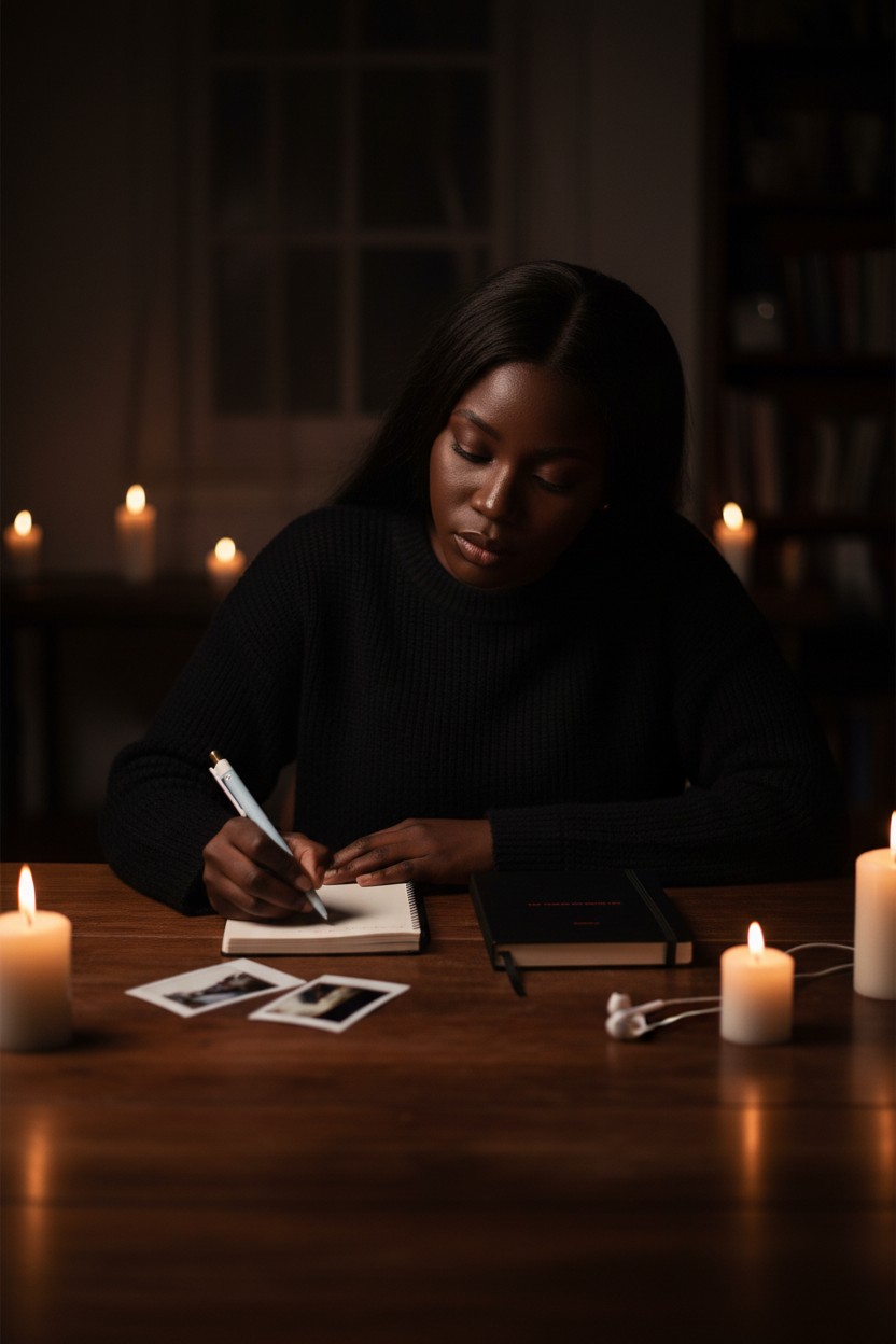 "Dark-skinned Black woman writing in Dosdru The Things We Never Say journal by candlelight at a dimly lit desk, moody atmospheric editorial photography"