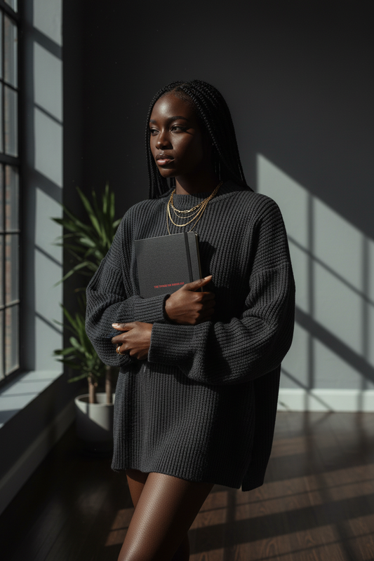 "Dark-skinned Black woman standing near a window holding Dosdru The Things We Never Say matte black journal with crimson red text, dramatic natural lighting, editorial lifestyle photography"