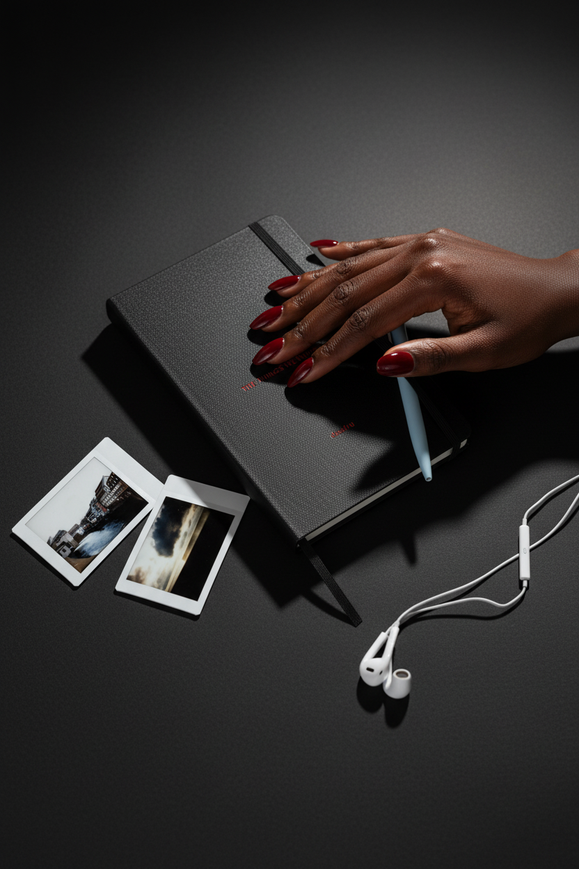  "Dark-skinned Black woman's hand with manicured nails holding Dosdru The Things We Never Say matte black hardcover journal with crimson red text, cinematic editorial close-up"