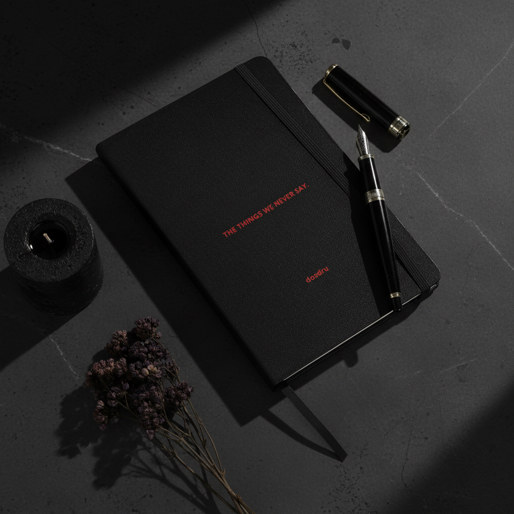 Dosdru journal flat lay — The Things We Never Say matte black hardcover with crimson red text, styled with a black candle, dried flowers, and a fountain pen on a dark concrete surface"