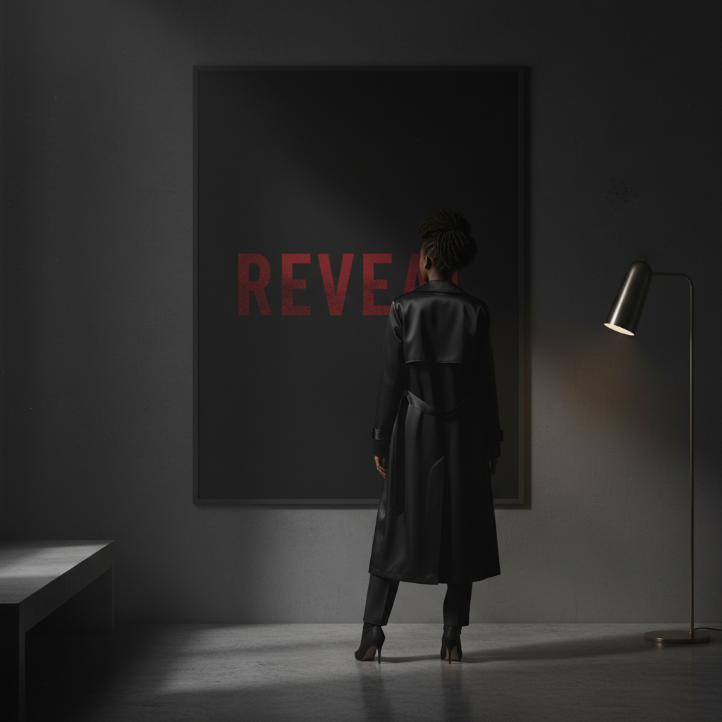 Woman in black leather coat gazing at the Reveal poster, dramatic floor lamp