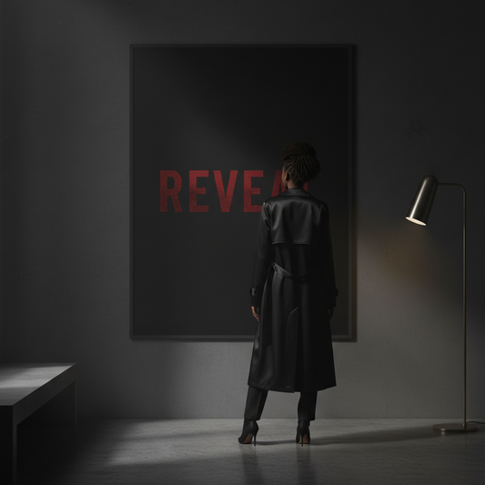 Woman in black leather coat gazing at the Reveal poster, dramatic floor lamp