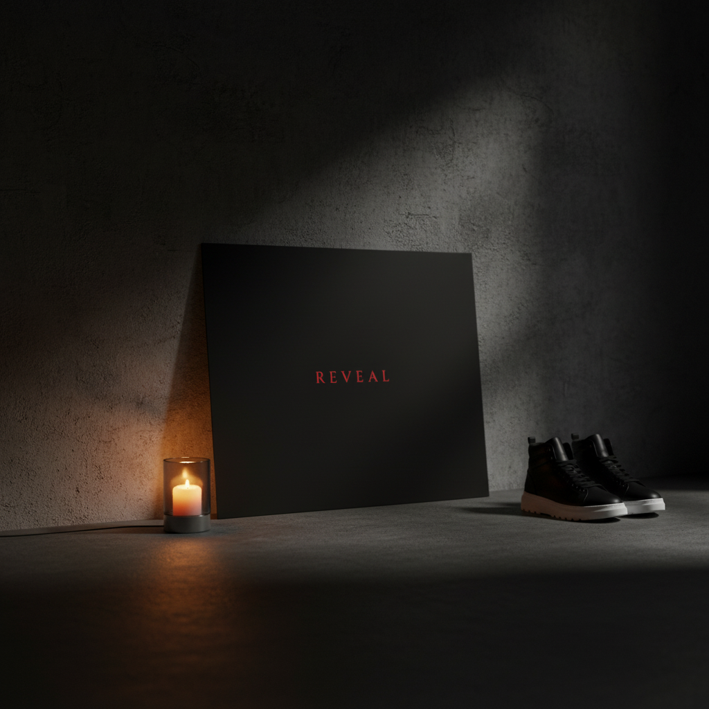  Poster leaning against concrete wall, candle and black sneakers beside it