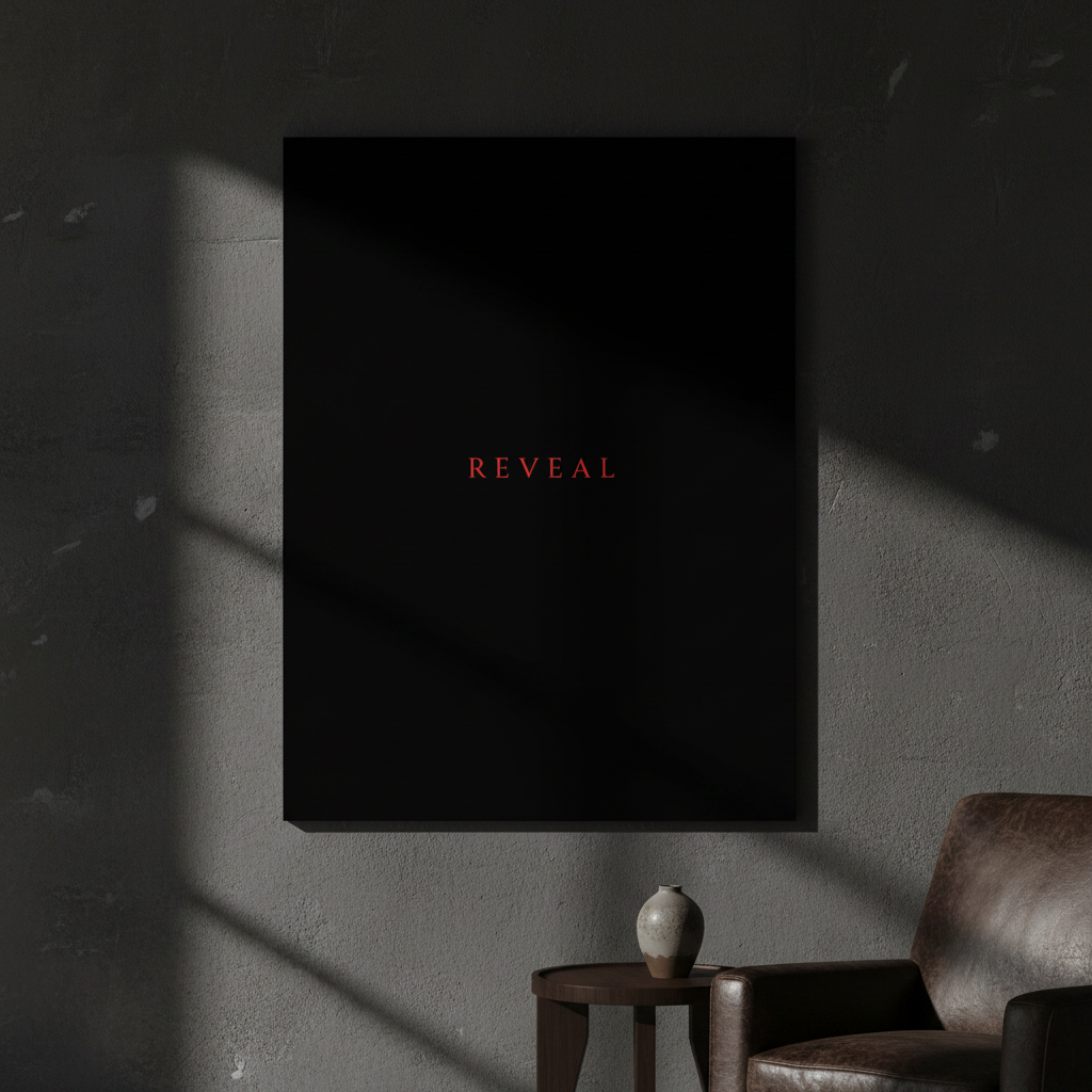  Poster on dark textured wall, leather chair below, natural light and shadows