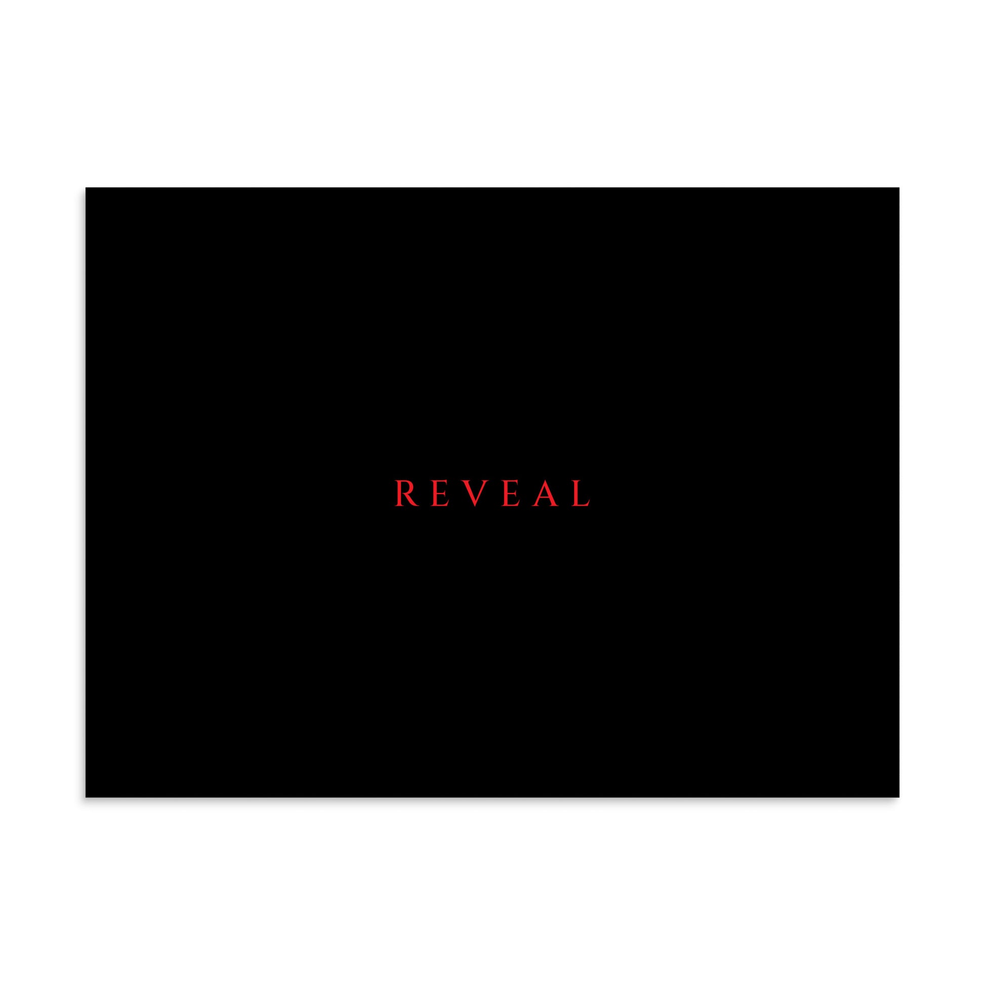  Matte black poster, REVEAL in small crimson red serif letters, solid black background