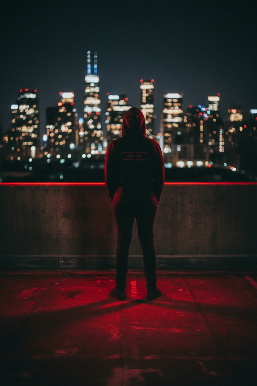 Black woman wearing Dosdru People Lie in Silence hoodie, back view, urban rooftop at night, city lights, cinematic streetwear