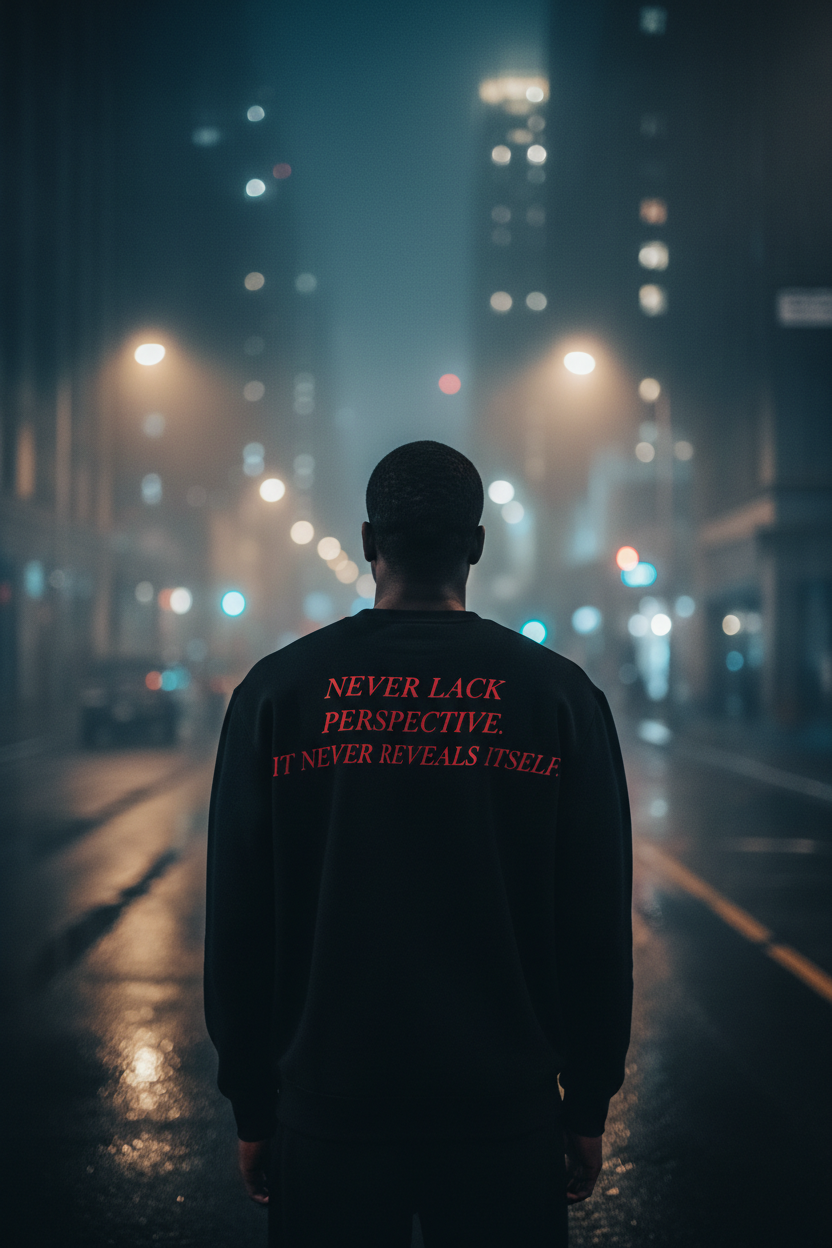 Dosdru Never Lack Perspective black crewneck sweatshirt back view worn by Black male model in moody urban night setting with crimson red quote print