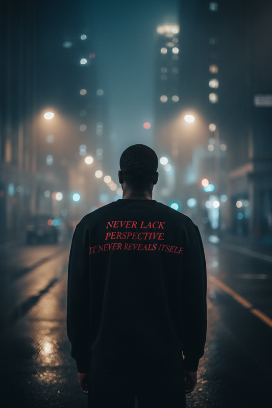 Dosdru Never Lack Perspective black crewneck sweatshirt back view worn by Black male model in moody urban night setting with crimson red quote print