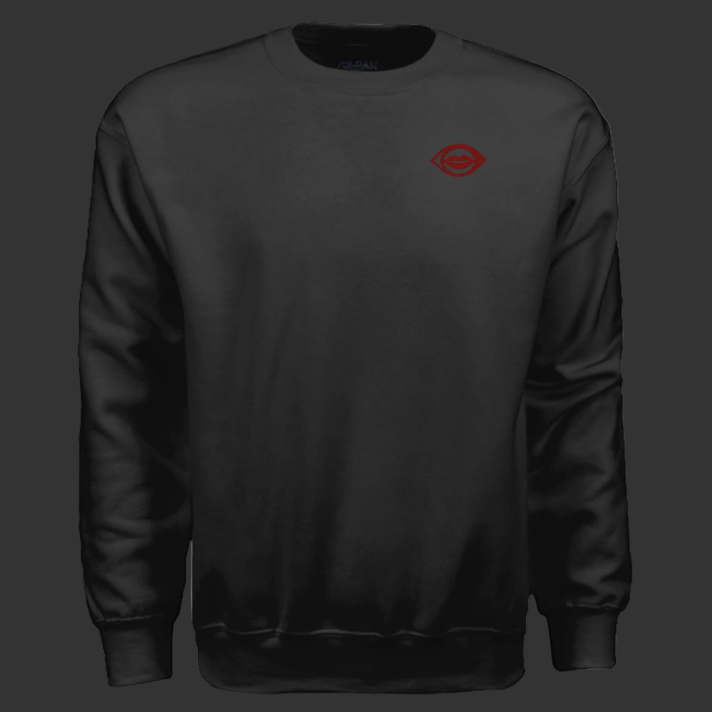 Dosdru Never Lack Perspective black crewneck sweatshirt front view with DOSDRU logo on upper left chest