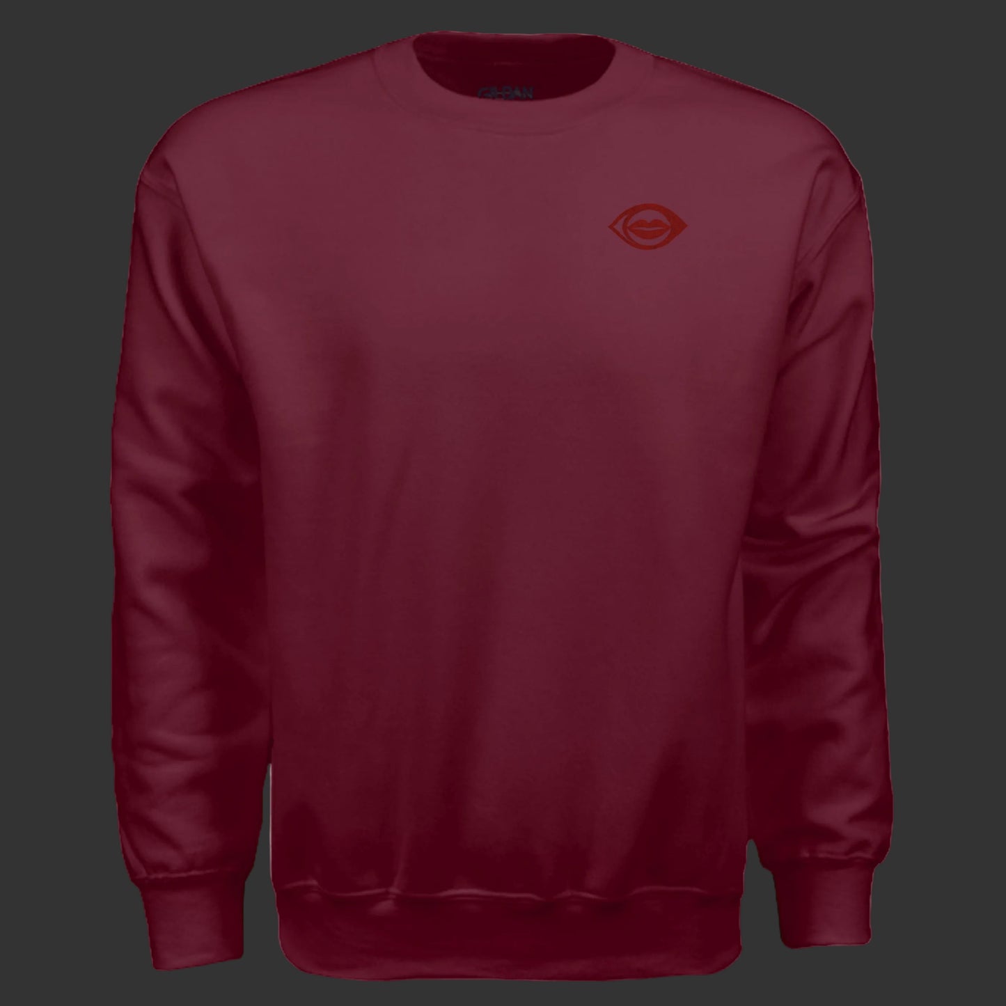 Dosdru Never Lack Perspective maroon crewneck sweatshirt front view with DOSDRU logo on upper left chest