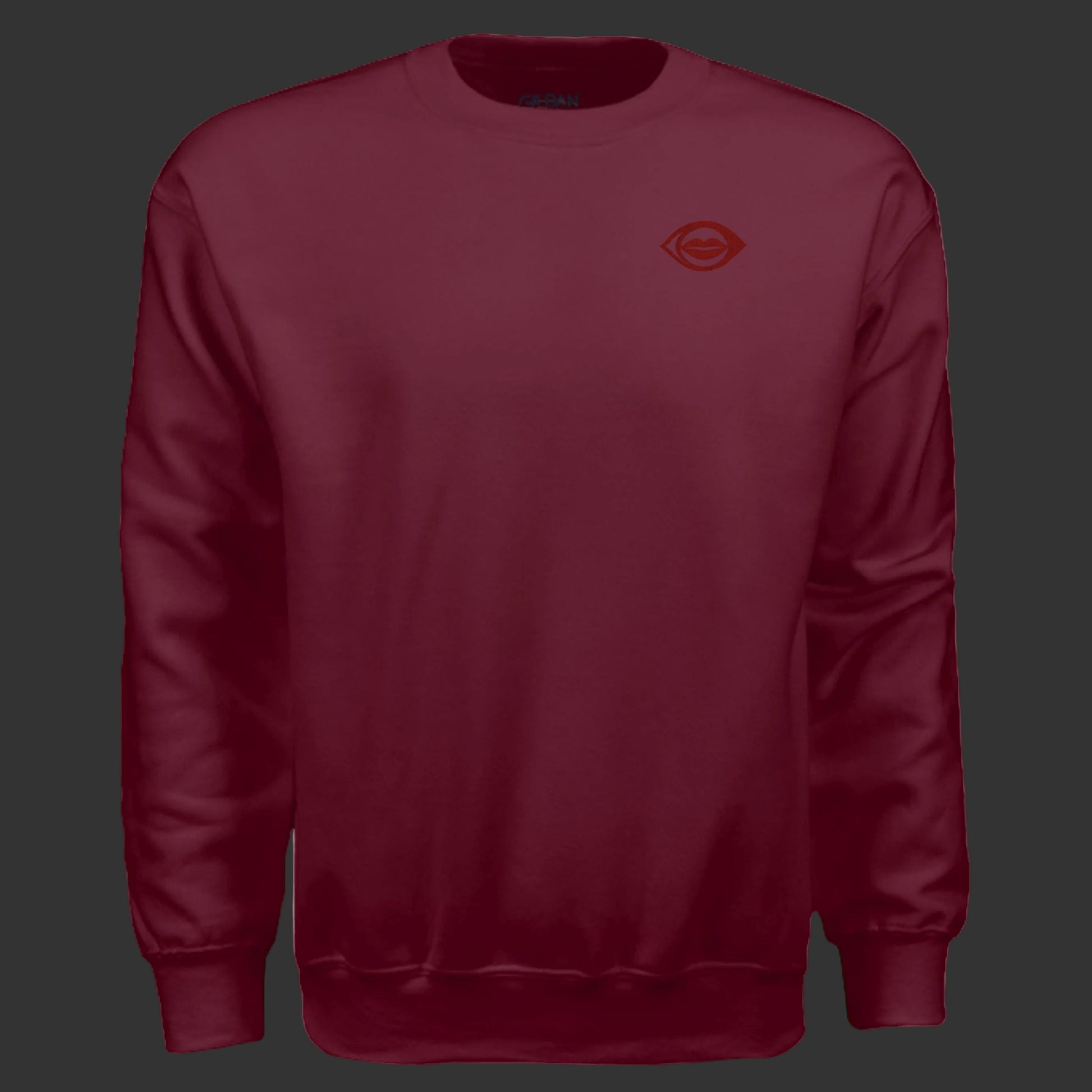 Dosdru Never Lack Perspective maroon crewneck sweatshirt front view with DOSDRU logo on upper left chest