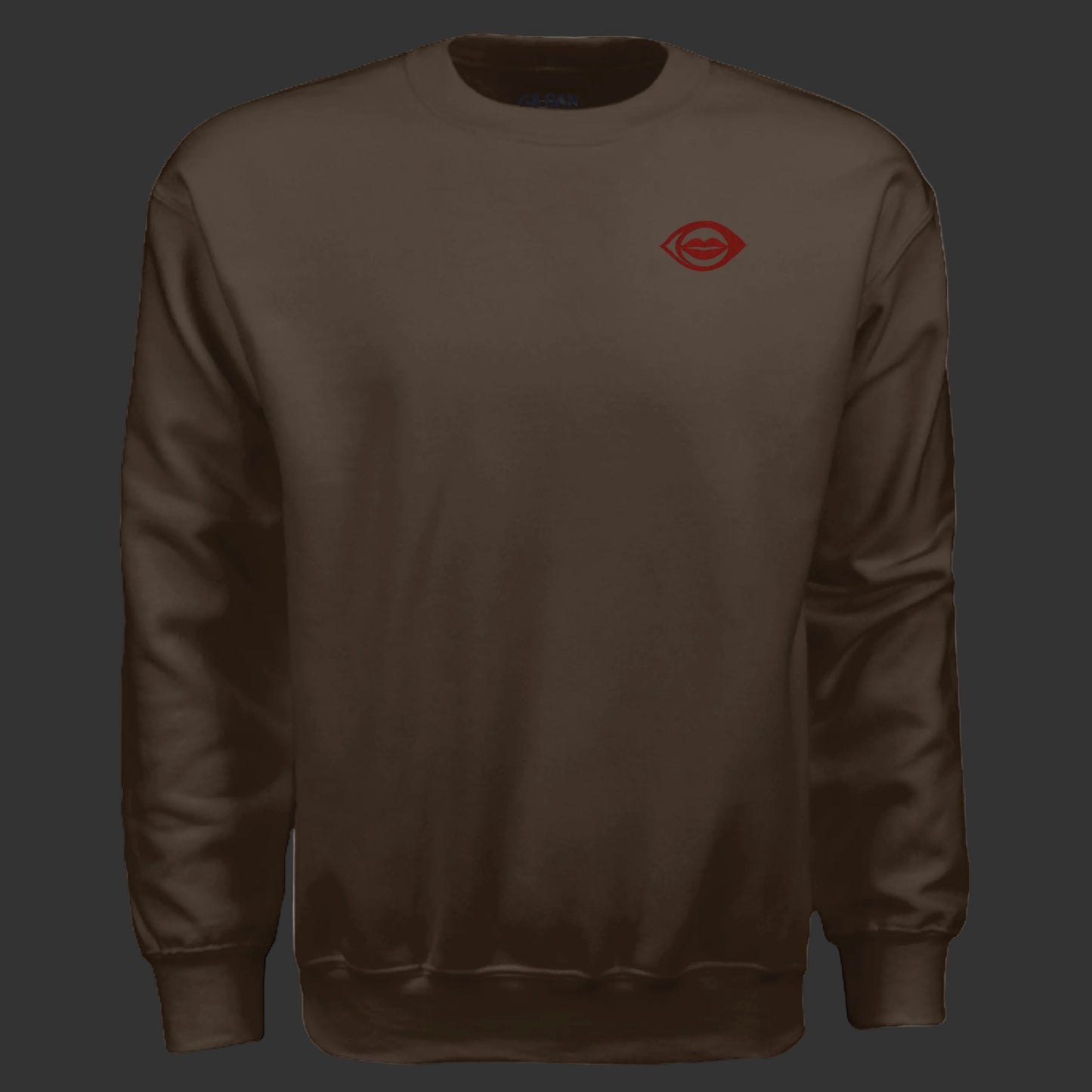 Dosdru Never Lack Perspective dark chocolate crewneck sweatshirt front view with DOSDRU logo on upper left chest